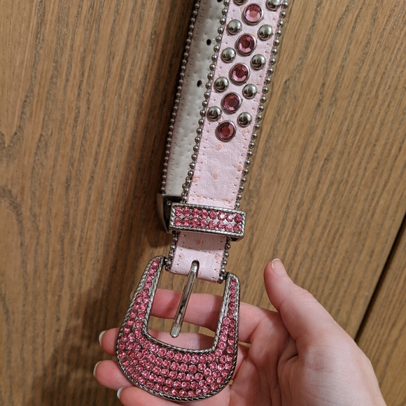 Pink Leather Embellished Belt